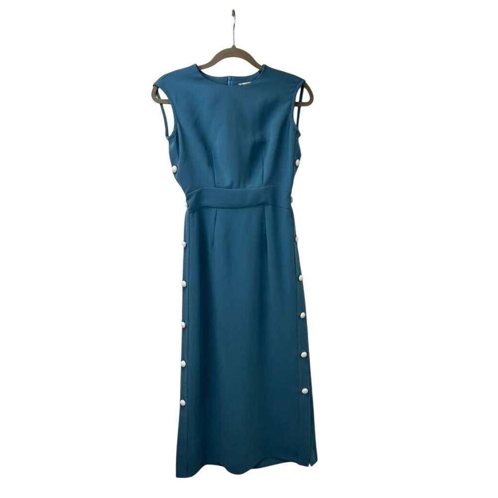 Edeline Lee Women's Size 4 Midi Dress With Side Button Detail Blue Sleeveless